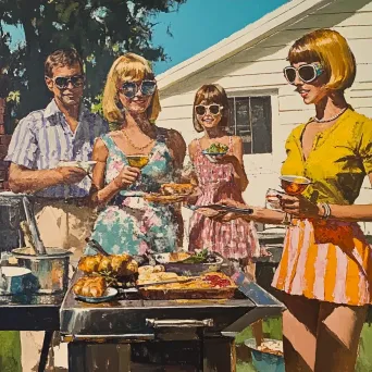 Acrylic painting of a festive 1970s family BBQ party - Image 3