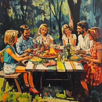 Acrylic painting of a festive 1970s family BBQ party - Image 4