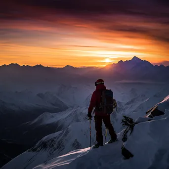 Snowboarder silhouetted against a colorful sunset on the mountain - Image 1