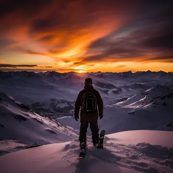 Snowboarder silhouetted against a colorful sunset on the mountain - Image 4