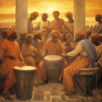 African drum circle under setting sun - Image 1