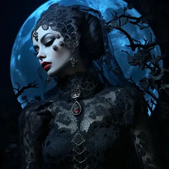 Gothic-style vampire adorned with lace-patterned body paint under a spectral moonlight - Image 1