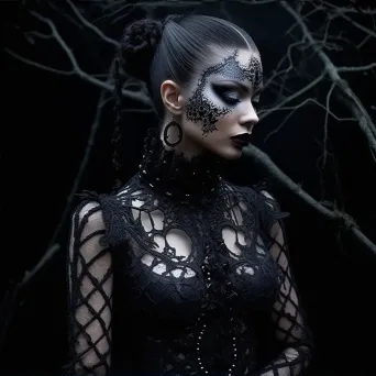 Gothic-style vampire adorned with lace-patterned body paint under a spectral moonlight - Image 2