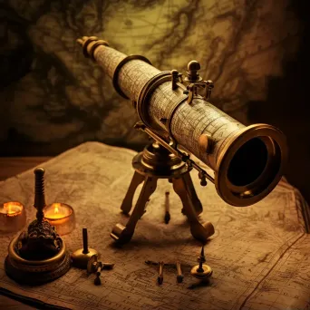 Vintage brass telescope on ancient globe, old parchment scrolls - Image 1