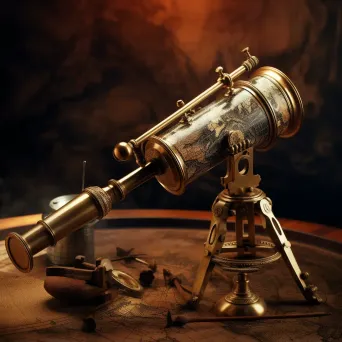 Vintage brass telescope on ancient globe, old parchment scrolls - Image 2