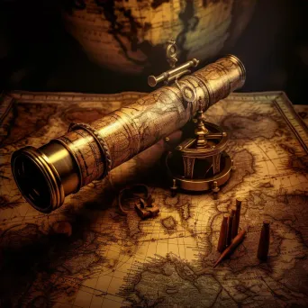 Vintage brass telescope on ancient globe, old parchment scrolls - Image 4