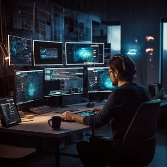 Software developer working collaboratively on multiple monitors in a modern office setting. - Image 1