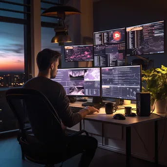 Software developer working collaboratively on multiple monitors in a modern office setting. - Image 2