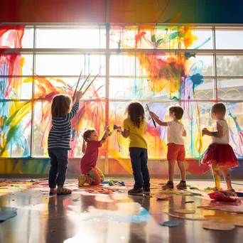 Preschoolers painting a large mural in a bright classroom - Image 1