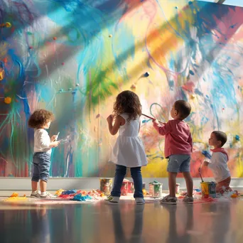 Preschoolers painting a large mural in a bright classroom - Image 3