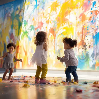 Preschoolers painting a large mural in a bright classroom - Image 4