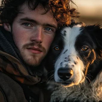 Portrait of a young shepherd with a sheepdog in soft morning sunlight - Image 2