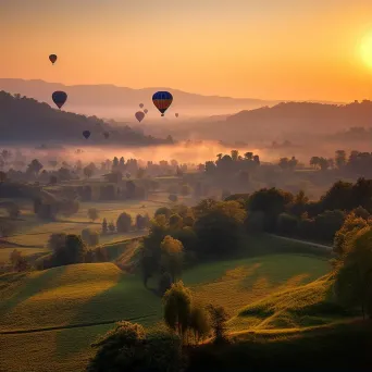 Hot air balloons floating over a green valley during sunset - Image 1