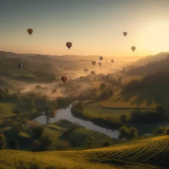 Hot air balloons floating over a green valley during sunset - Image 2