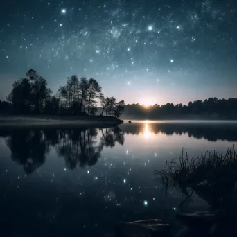 Cygnus constellation reflected in lake at night - Image 1