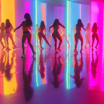 Diverse group performing synchronized dance aerobics in a colorful studio with mirrors. - Image 1