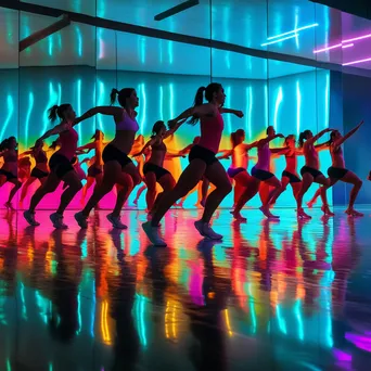 Diverse group performing synchronized dance aerobics in a colorful studio with mirrors. - Image 3