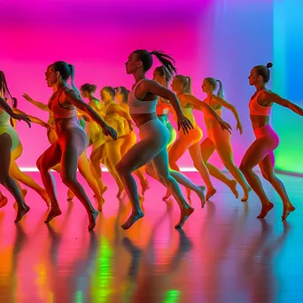 Diverse group performing synchronized dance aerobics in a colorful studio with mirrors. - Image 4