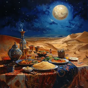 Lavish moonlit dinner spread in the Sahara desert with tagines and couscous - Image 3