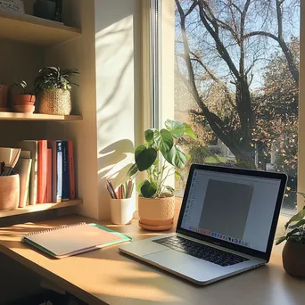 Aesthetic Workspace with Pastel Notebooks and Laptop