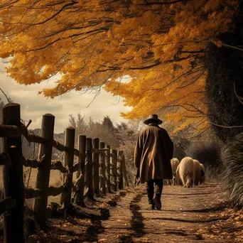 Shepherd walking along a fence-lined path with autumn foliage - Image 1