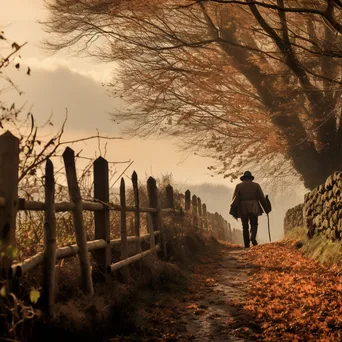 Shepherd Walking Along Autumn Path