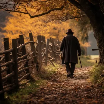 Shepherd walking along a fence-lined path with autumn foliage - Image 3