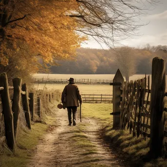 Shepherd walking along a fence-lined path with autumn foliage - Image 4