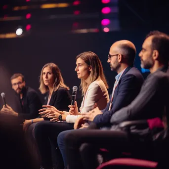 Diverse experts on a panel discussing in an auditorium - Image 4