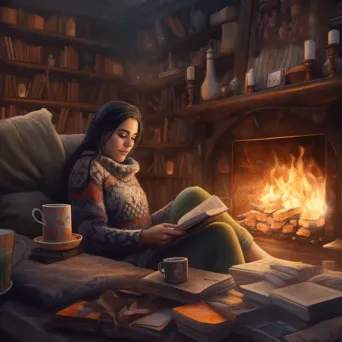 Book lover reading near a fireplace on a rainy day. - Image 2