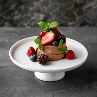 A plate of vegan chocolate mousse garnished with berries on a white stand. - Image 1