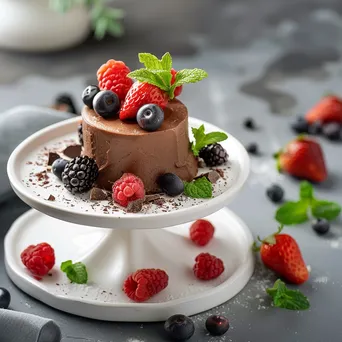 A plate of vegan chocolate mousse garnished with berries on a white stand. - Image 3