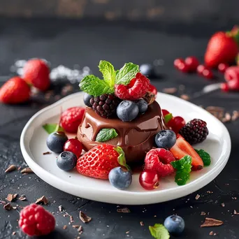 A plate of vegan chocolate mousse garnished with berries on a white stand. - Image 4