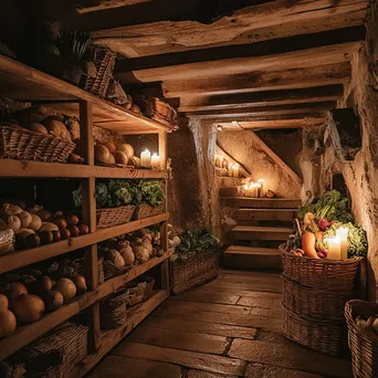 Interior view of a historic root cellar with candlelight and vegetables. - Image 1