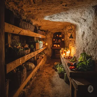 Interior view of a historic root cellar with candlelight and vegetables. - Image 3