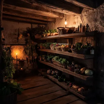 Interior view of a historic root cellar with candlelight and vegetables. - Image 4