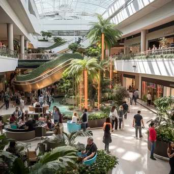 Lively mall atrium filled with shoppers and colorful decor. - Image 1