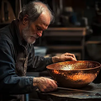 Craftsperson shaping a copper bowl - Image 4