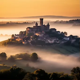 Medieval castle on a hill in the misty morning light - Image 1