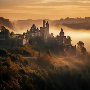 Medieval castle on a hill in the misty morning light - Image 3