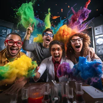 Students conducting a colorful science experiment in a laboratory with safety goggles. - Image 2