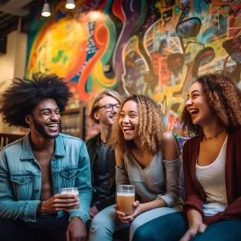 Diverse group of friends laughing at a cafe - Image 1