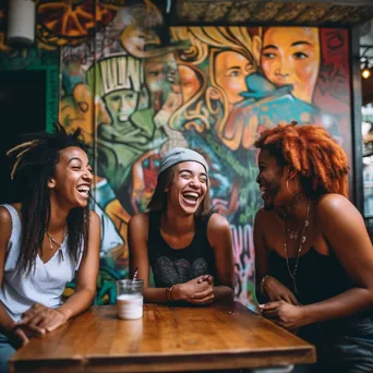 Diverse group of friends laughing at a cafe - Image 4