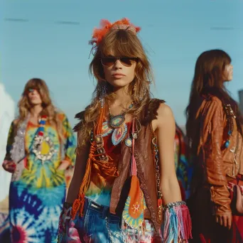 1960s hippie fashion tie-dye prints and fringe vests - Image 4