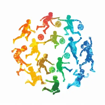 Logo with silhouettes of diverse children playing various sports, arranged in a circle, in bold colors. - Image 1