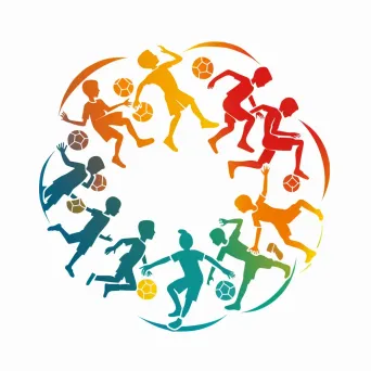 Logo with silhouettes of diverse children playing various sports, arranged in a circle, in bold colors. - Image 2