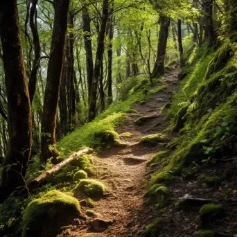 Mountain trail in dense forest with asymmetric trees on Nikon Z7 II - Image 1