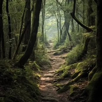 Mountain trail in dense forest with asymmetric trees on Nikon Z7 II - Image 4