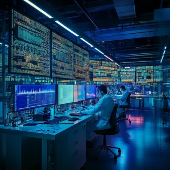 Tech lab scene with digital grids on screens and scientists, photographed with a Nikon Z6 II. - Image 1