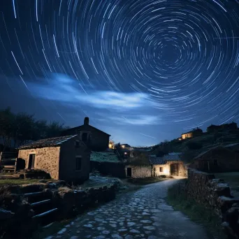 Star trails dancing above a quiet village with ancient stone cottages - Image 2